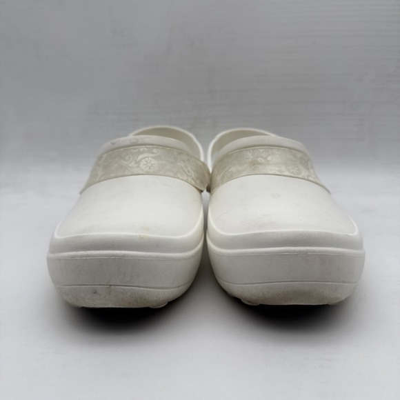 Crocs Women's US 9 Mercy Work, White/Silver Flowers Slip On Shoes - Picture 2 of 16